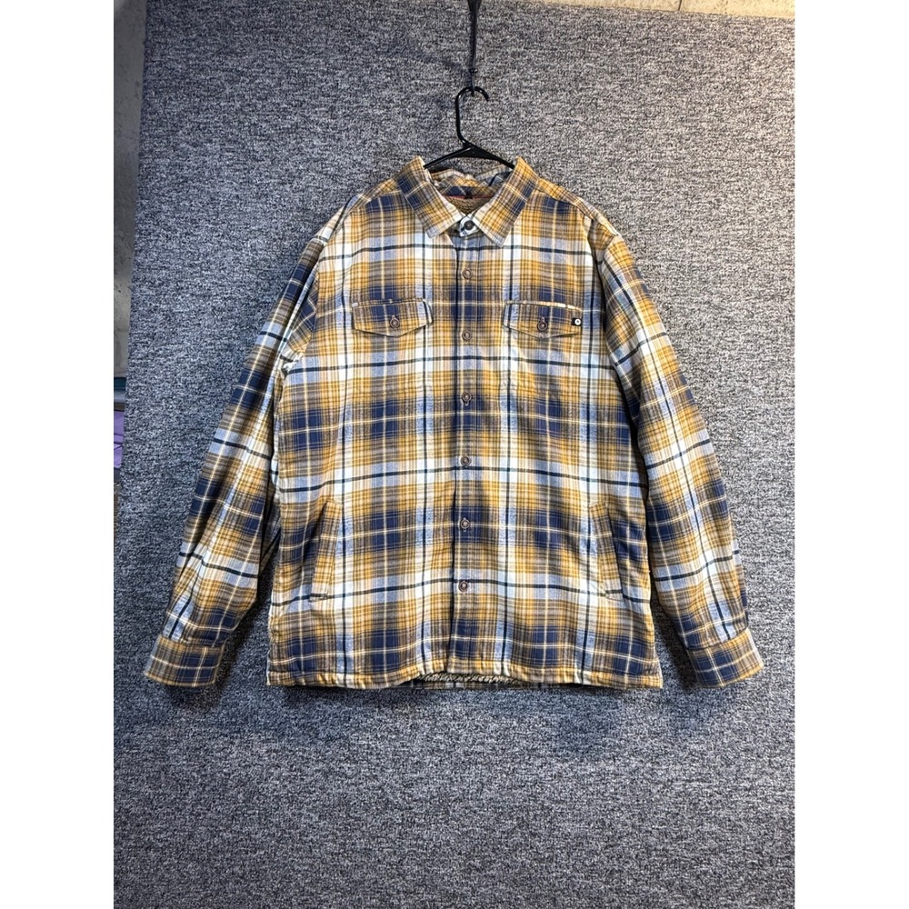 Marmot Mens XL Sherpa Lined Flannel Shirt Jacket Plaid Yellow Blue Shacket